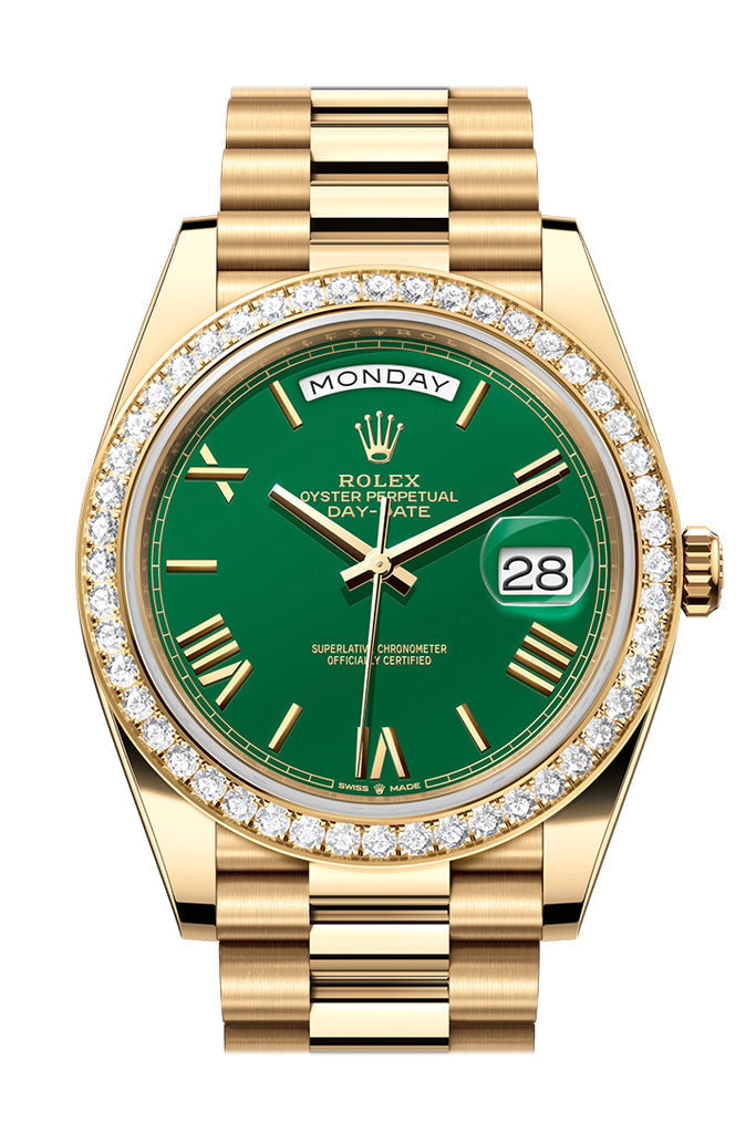 Rolex Day-Date 40 Yellow Gold Green Roman Dial Diamond Bezel President Bracelet – 228348GRN