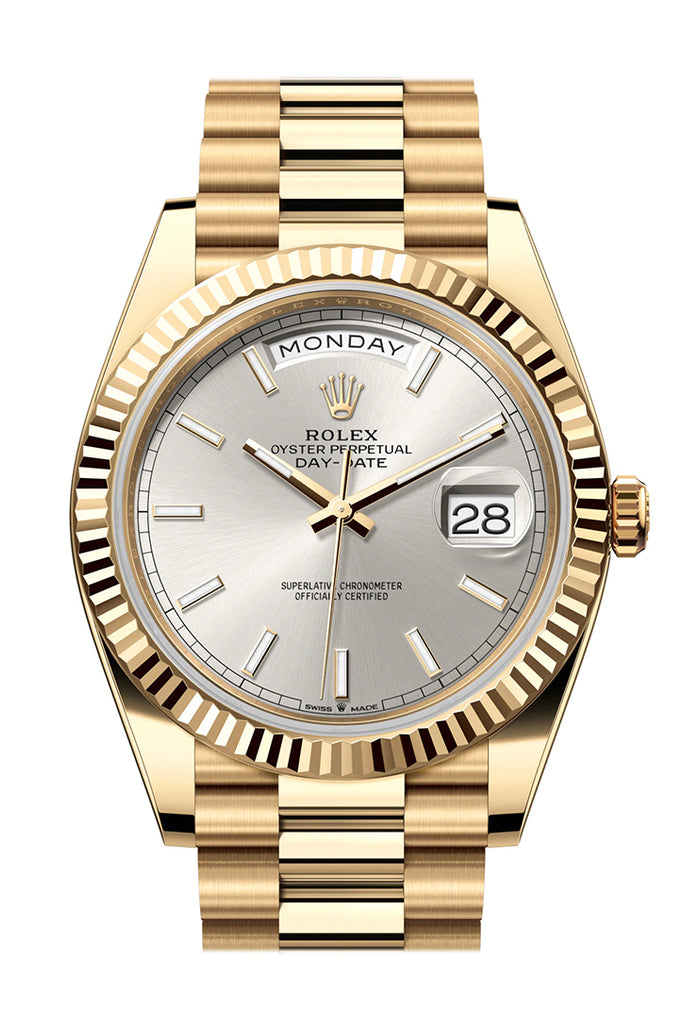 Rolex Day-Date 40 Yellow Gold Silver Dial Fluted Bezel President Bracelet – 228238SIL
