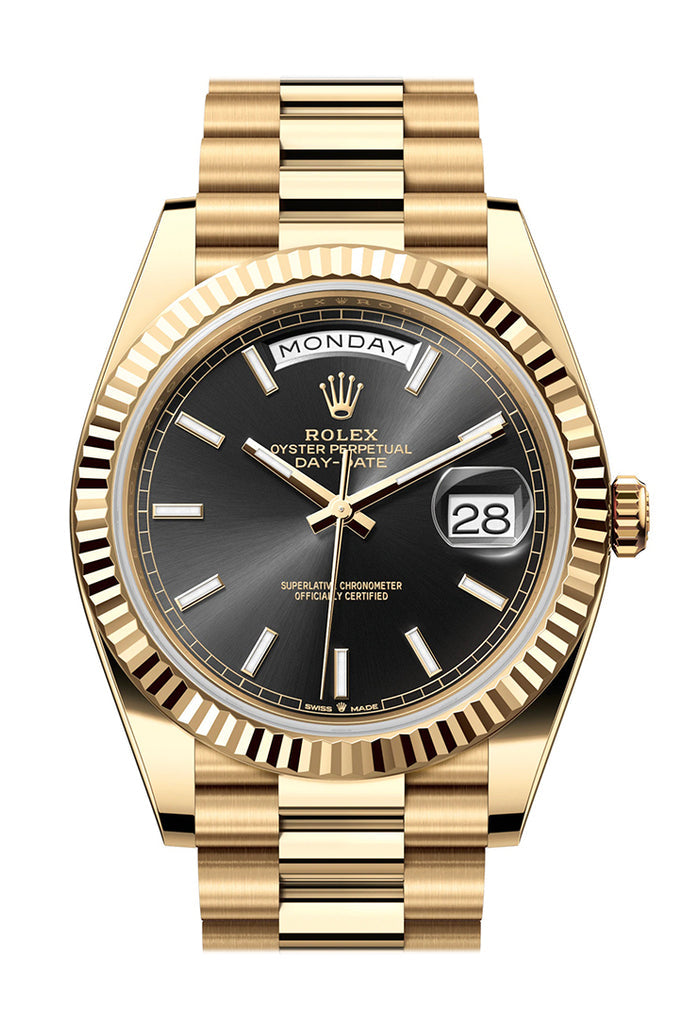 Rolex Day-Date 40 Yellow Gold Bright Black Dial Fluted Bezel President Bracelet – 228238BLK