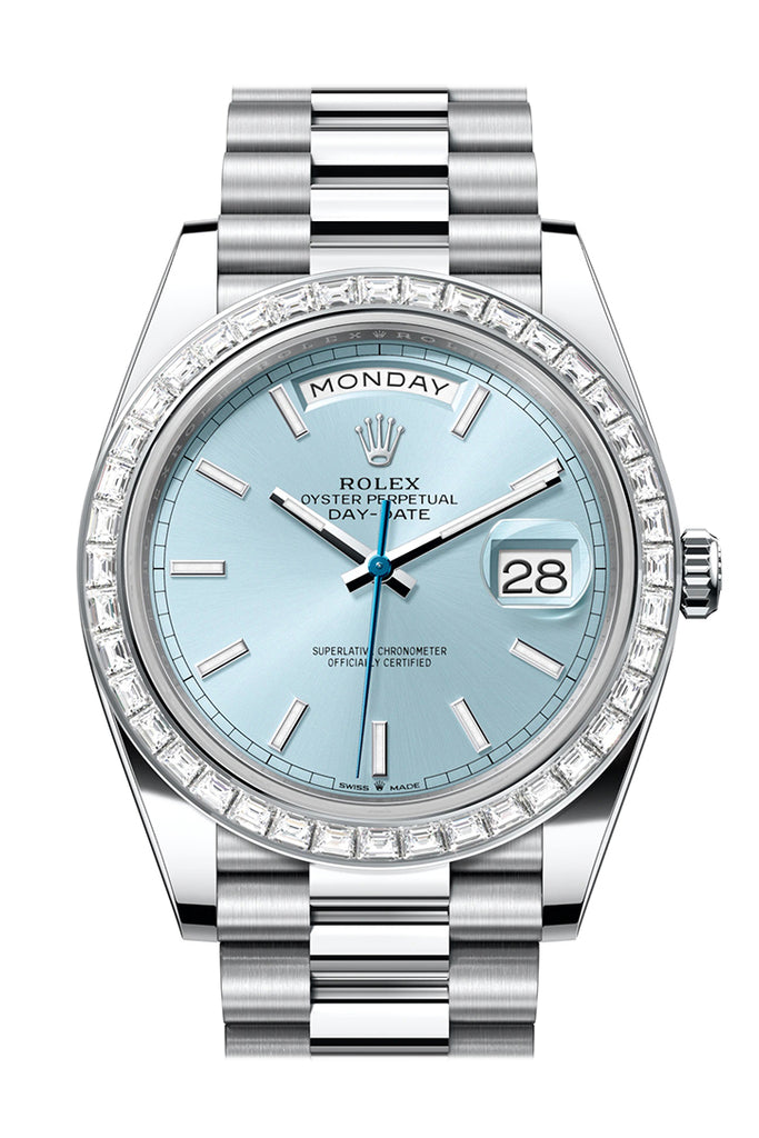 Rolex Day-Date 40 Platinum Ice Blue Dial Baguette Diamond Bezel President Bracelet – 228396IB