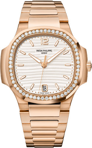 Patek Philippe Nautilus 35.2mm Rose Gold Silver Opaline Dial Diamond Bezel – 7118/1200R-001