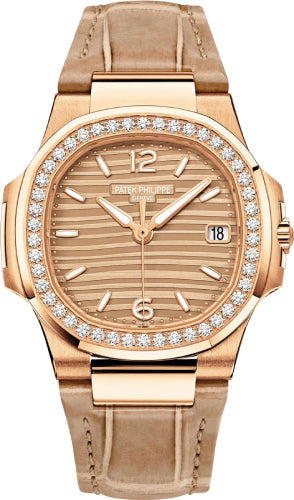Patek Philippe Nautilus 32mm Rose Gold Golden Dial Diamond Bezel – 7010R-012