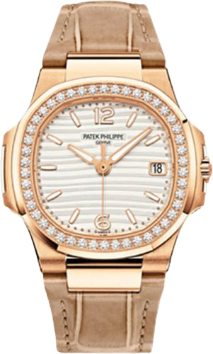 Patek Philippe Nautilus 32mm Rose Gold Silver-White Dial Diamond Bezel – 7010R-011