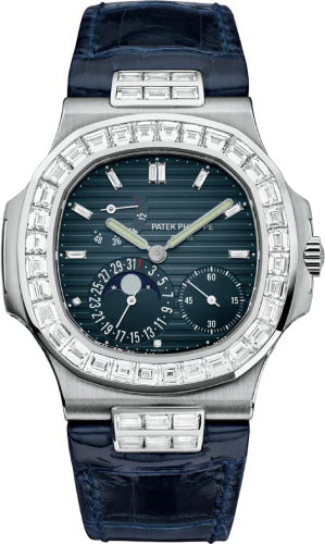 Patek Philippe Nautilus Moon Phase 40mm White Gold Black-Blue Dial Baguette Diamond Bezel Leather Strap – 5724G-001