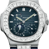 Patek Philippe Nautilus Moon Phase 40mm White Gold Black-Blue Dial Baguette Diamond Bezel Leather Strap – 5724G-001