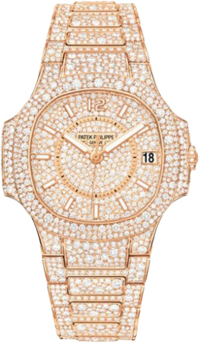 Patek Philippe Nautilus 33.6mm Rose Gold Diamond Pavé Dial Rose Gold Domed Bezel – 7021/1R