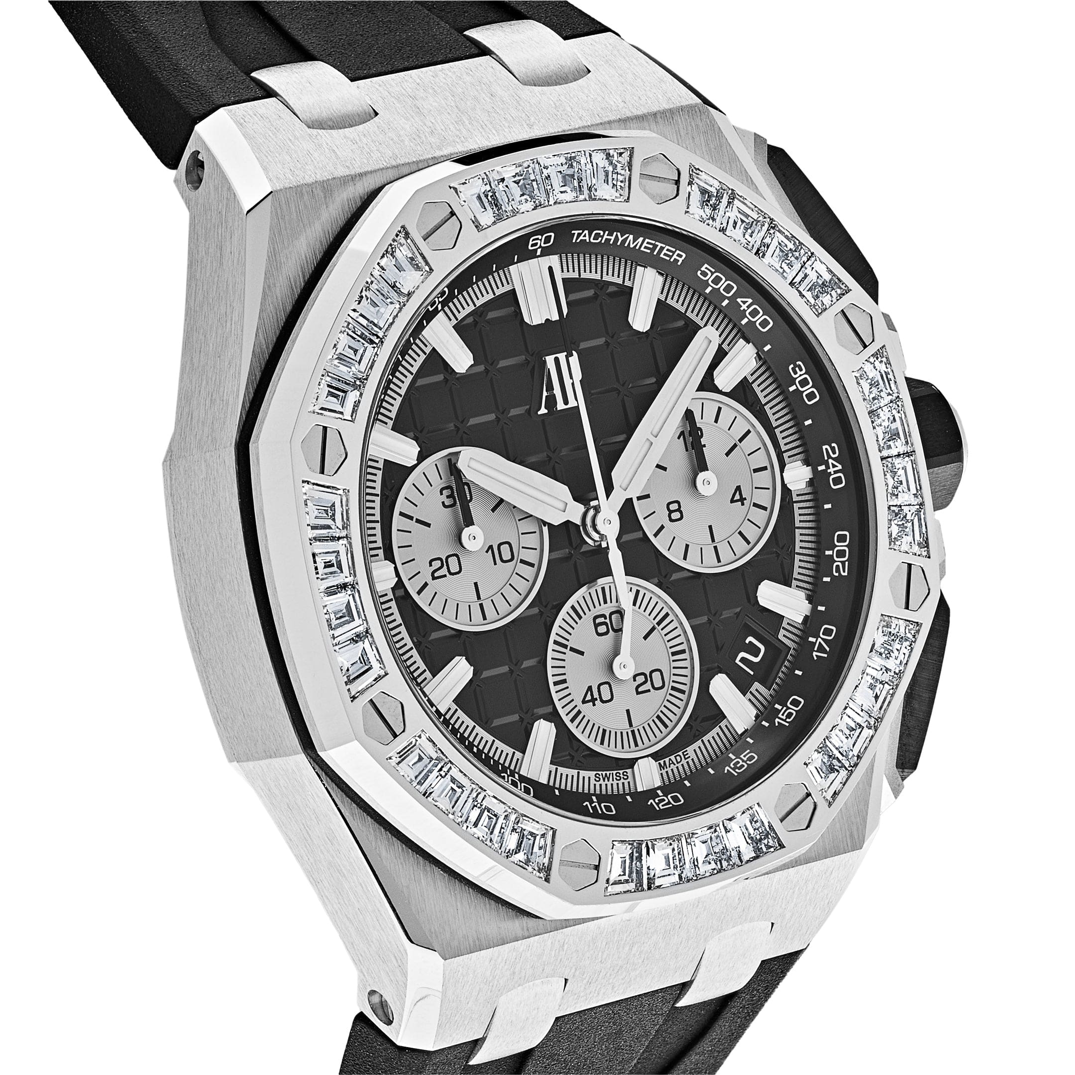 Audemars Piguet Royal Oak Offshore 26424BC.ZZ.D002CA.01 Selfwinding Chronograph White Gold Diamond Bezel Black Dial view 3
