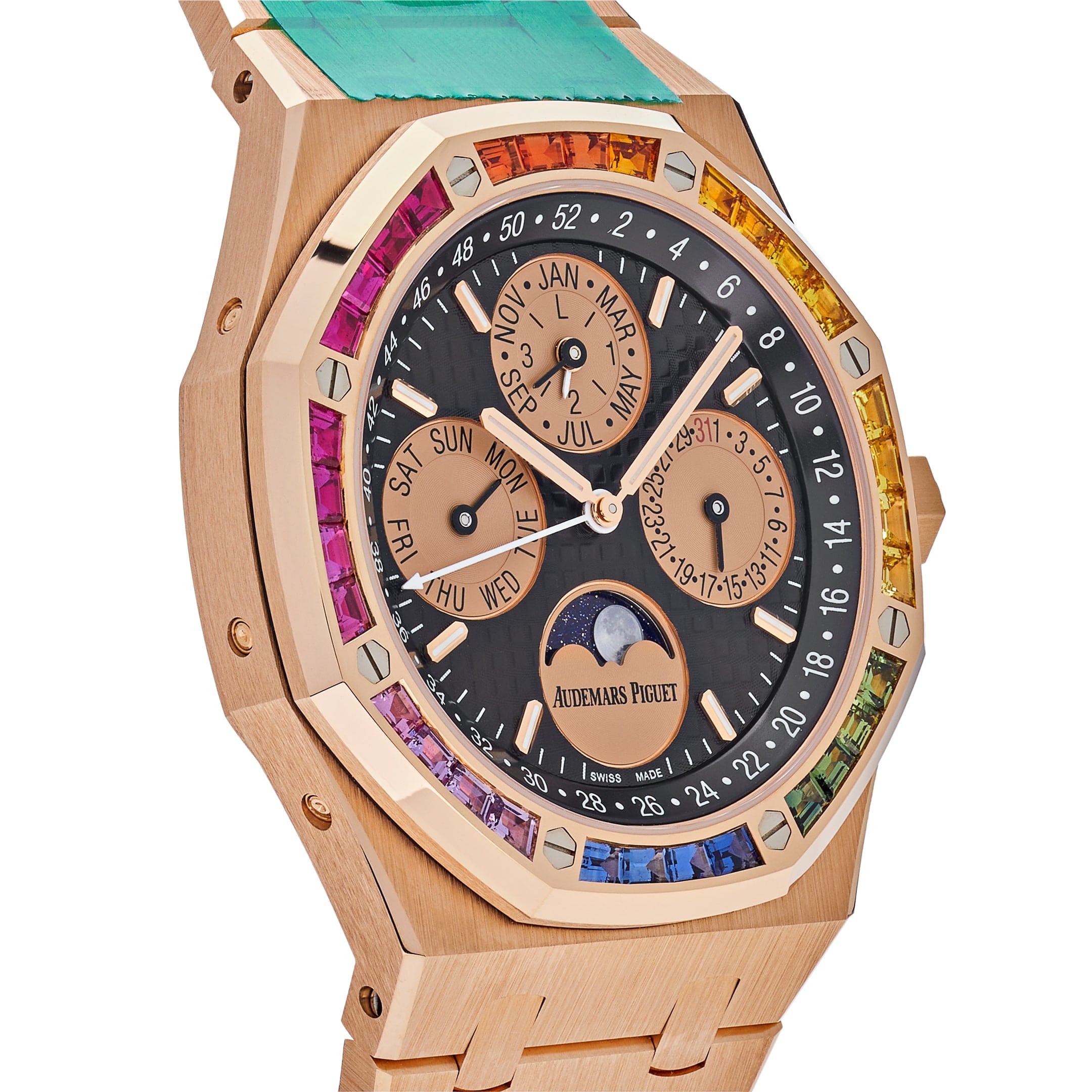 Audemars Piguet Royal Oak Perpetual Calendar 26614OR.YY.1220OR.01 Rose Gold Rainbow Bezel Black Dial Limited Edition view 3
