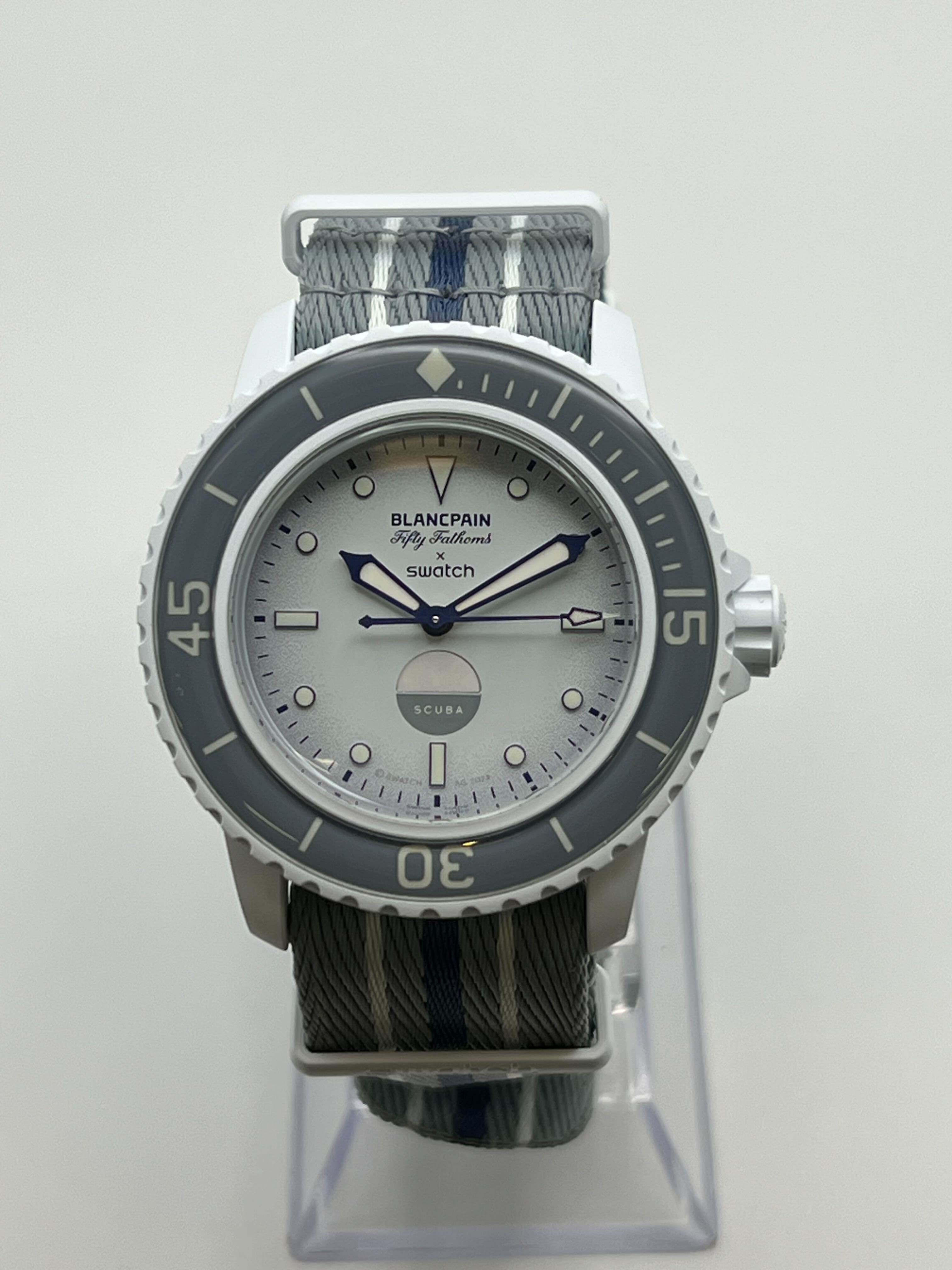Blancpain x Swatch Scuba Fifty Fathoms Collection Antarctic Ocean SO35S100 view 2