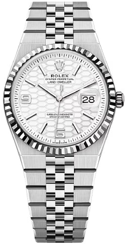 Rolex Land-Dweller 36 White Rolesor Intense White Honeycomb Dial Fluted Bezel Flat Jubilee Bracelet – 127234