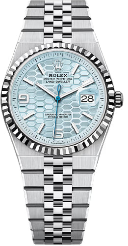 Rolex Land-Dweller 36 Platinum Ice Blue Honeycomb Dial Fluted Bezel Flat Jubilee Bracelet – 127236
