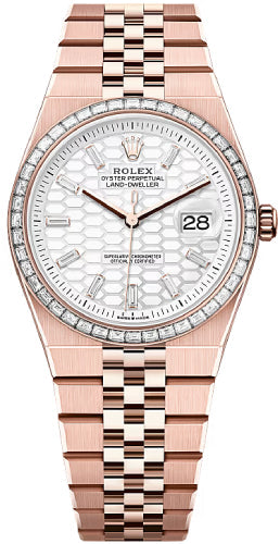 Rolex Land-Dweller 36 Everose Gold Intense White Honeycomb Diamond-Set Dial Baguette Diamond Bezel Flat Jubilee Bracelet – 127285TBR