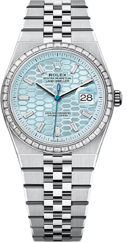 Rolex Land-Dweller 36 Platinum Ice Blue Honeycomb Dial Baguette Diamond Bezel Flat Jubilee Bracelet – 127286TBR