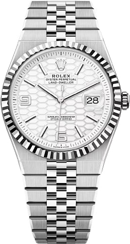 Rolex Land-Dweller 40 White Rolesor Intense White Honeycomb Dial Fluted Bezel Flat Jubilee Bracelet – 127334