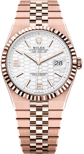 Rolex Land-Dweller 40 Everose Gold Intense White Honeycomb Dial Fluted Bezel Flat Jubilee Bracelet – 127335