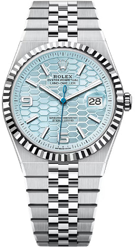 Rolex Land-Dweller 40 Platinum Ice Blue Honeycomb Dial Fluted Bezel Flat Jubilee Bracelet – 127336