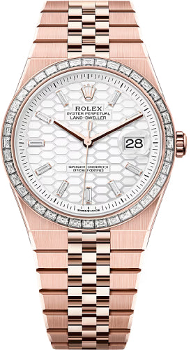 Rolex Land-Dweller 40 Everose Gold Intense White Honeycomb Diamond-Set Dial Baguette Diamond Bezel Flat Jubilee Bracelet – 127385TBR