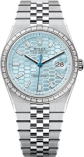 Rolex Land-Dweller 40 Platinum Ice Blue Honeycomb Dial Baguette Diamond Bezel Flat Jubilee Bracelet – 127386TBR