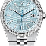 Rolex Land-Dweller 40 Platinum Ice Blue Honeycomb Dial Baguette Diamond Bezel Flat Jubilee Bracelet – 127386TBR