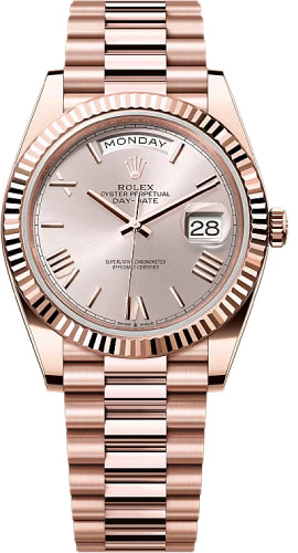 Rolex Day-Date 40 Everose Gold Sundust Roman Dial Fluted Bezel President Bracelet – 228235SUROM