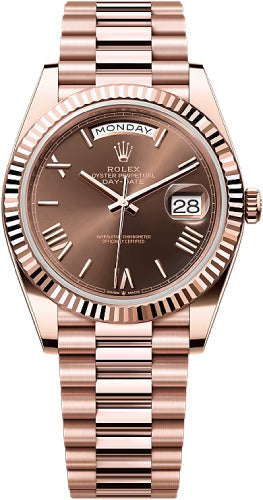 Rolex Day-Date 40 Everose Gold Chocolate Roman Dial Fluted Bezel President Bracelet – 228235CHROM