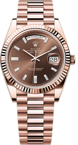 Rolex Day-Date 40 Everose Gold Chocolate Diamond-Set Dial Fluted Bezel President Bracelet – 228235CHDIA