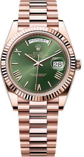 Rolex Day-Date 40 Everose Gold Olive Green Roman Dial Fluted Bezel President Bracelet – 228235OGROM