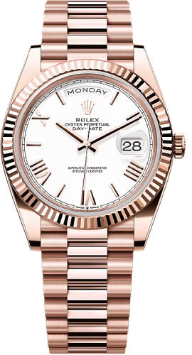 Rolex Day-Date 40 Everose Gold White Roman Dial Fluted Bezel President Bracelet – 228235WHROM