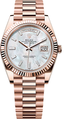 Rolex Day-Date 40 Everose Gold White Mother-of-Pearl Diamond-Set Dial Fluted Bezel President Bracelet – 228235WMOP