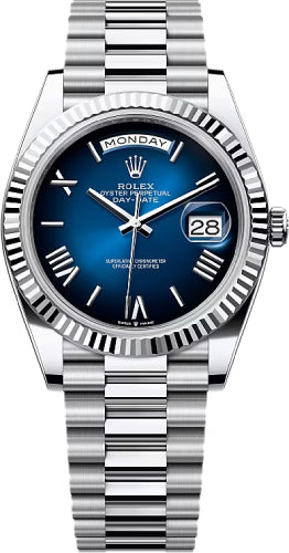 Rolex Day-Date 40 Platinum Blue Ombré Roman Dial Fluted Bezel President Bracelet – 228236BLOM