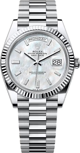 Rolex Day-Date 40 Platinum White Mother-of-Pearl Diamond-Set Dial Fluted Bezel President Bracelet – 228236WMOP