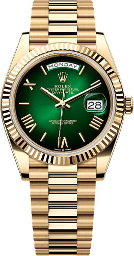 Rolex Day-Date 40 Yellow Gold Green Ombré Roman Dial Fluted Bezel President Bracelet – 228238GROM