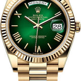 Rolex Day-Date 40 Yellow Gold Green Ombré Roman Dial Fluted Bezel President Bracelet – 228238GROM