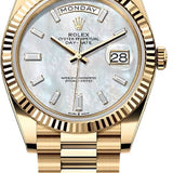Rolex Day-Date 40 Yellow Gold White Mother-of-Pearl Diamond-Set Dial Fluted Bezel President Bracelet – 228238WMOP