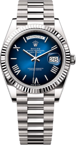Rolex Day-Date 40 White Gold Blue Ombré Dial Fluted Bezel President Bracelet – 228239BLOM