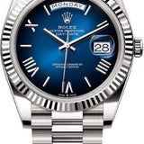 Rolex Day-Date 40 White Gold Blue Ombré Dial Fluted Bezel President Bracelet – 228239BLOM