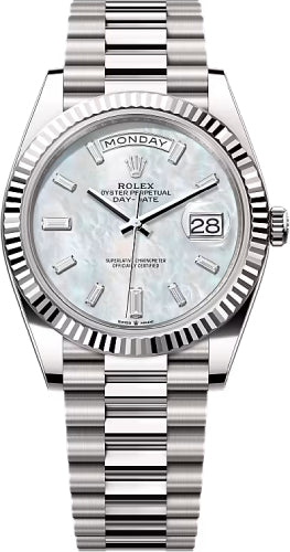 Rolex Day-Date 40 White Gold White Mother-of-Pearl Diamond-Set Dial Fluted Bezel President Bracelet – 228239WMOP