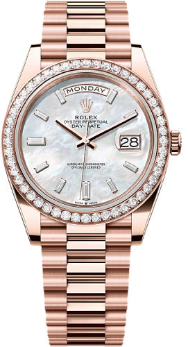 Rolex Day-Date 40 Everose Gold White Mother-of-Pearl Diamond-Set Dial Diamond-Set Bezel President Bracelet – 228345WMOP