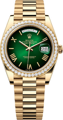Rolex Day-Date 40 Yellow Gold Green Ombré Dial Diamond-Set Bezel President Bracelet – 228348GRNOM