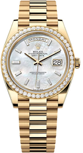 Rolex Day-Date 40 Yellow Gold White Mother-of-Pearl Diamond-Set Dial Diamond-Set Bezel President Bracelet – 228348WMOPDB