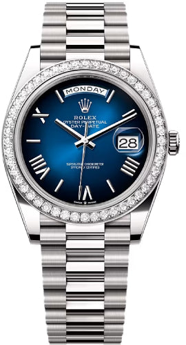 Rolex Day-Date 40 White Gold Blue Ombré Dial Diamond-Set Bezel President Bracelet – 228349BLOM