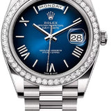 Rolex Day-Date 40 White Gold Blue Ombré Dial Diamond-Set Bezel President Bracelet – 228349BLOM