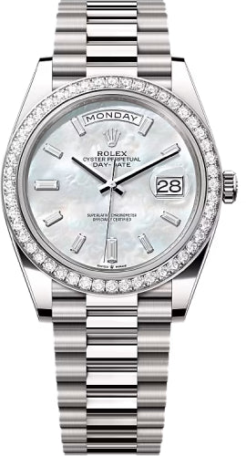 Rolex Day-Date 40 White Gold White Mother-of-Pearl Diamond-Set Dial Diamond-Set Bezel President Bracelet – 228349WMOP