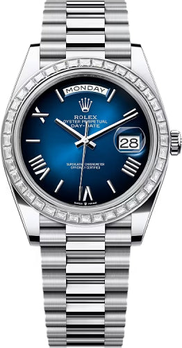 Rolex Day-Date 40 Platinum Blue Ombré Dial Diamond-Set Bezel President Bracelet – 228396BLOM