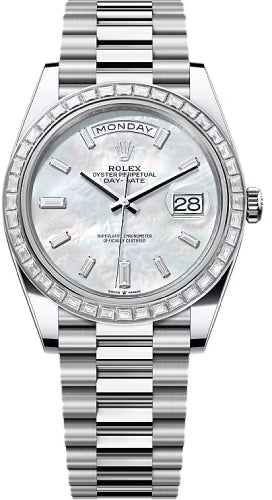 Rolex Day-Date 40 Platinum White Mother-of-Pearl Diamond-Set Dial Diamond-Set Bezel President Bracelet – 228396WMOP