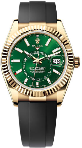 Rolex Sky-Dweller 42mm Yellow Gold Bright Green Dial Fluted Bezel Oysterflex Bracelet – 336238