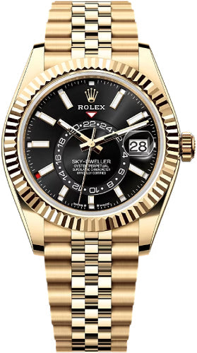 Rolex Sky-Dweller 42mm Yellow Gold Bright Black Dial Fluted Bezel Jubilee Bracelet – 336938BLK