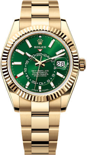 Rolex Sky-Dweller 42mm Yellow Gold Bright Green Dial Fluted Bezel Oyster Bracelet – 336938GRNO