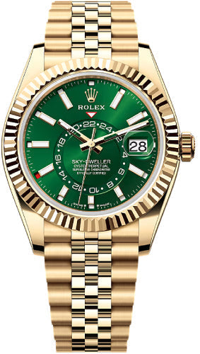 Rolex Sky-Dweller 42mm Yellow Gold Bright Green Dial Fluted Bezel Jubilee Bracelet – 336938GRNJ