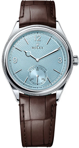 Rolex 1908 39mm Platinum Ice Blue Dial Domed Fluted Bezel Matt Brown Alligator Strap – 52506